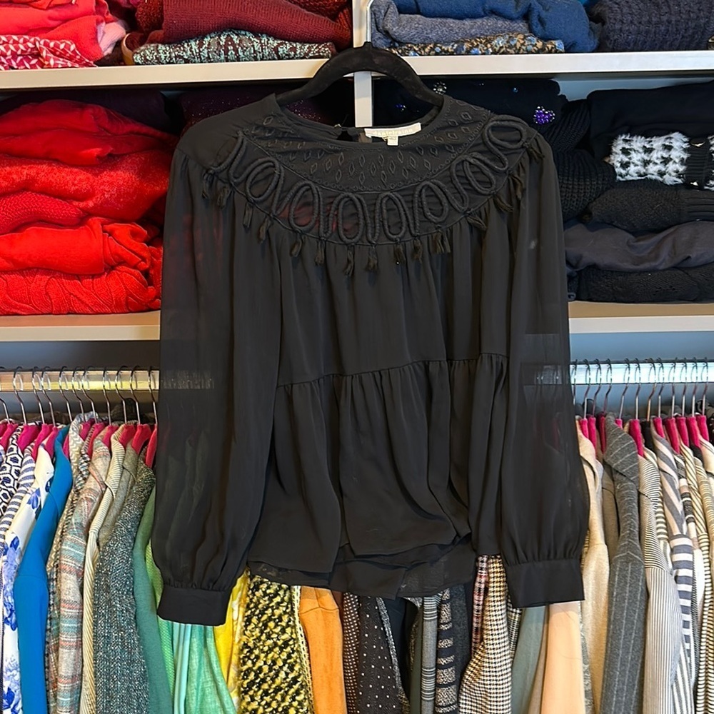 Daniel Rainn black semi sheer long sleeve lined embroidered blouse size XS